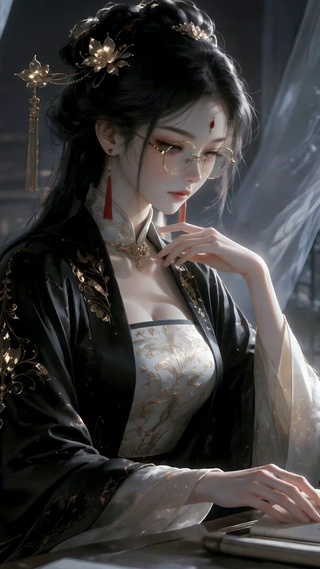 月夜古风美人书房赏画