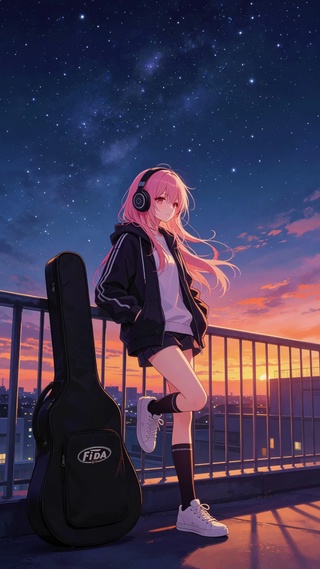 晚霞下的女孩