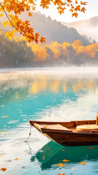 山水湖畔小船雨景