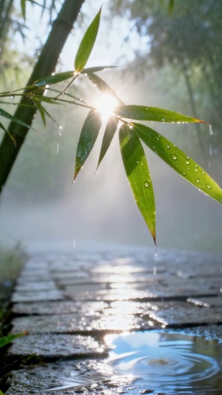 竹林雨后晨光