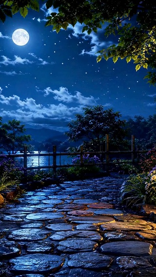 月夜湖畔花径唯美夜景