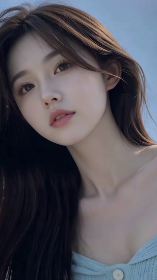 蓝天白云下的清纯长发美女