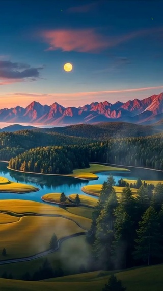 晚霞树木河流