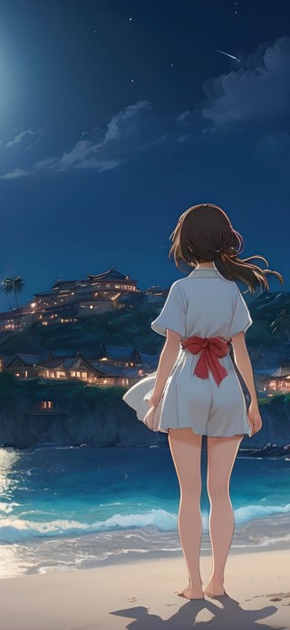 夜晚海边沙滩少女