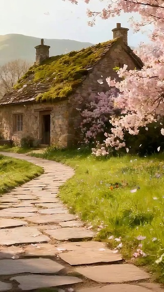 樱花树木房屋河流