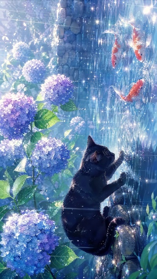 黑猫逗锦鲤
