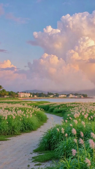 治愈海滨花田日落风景