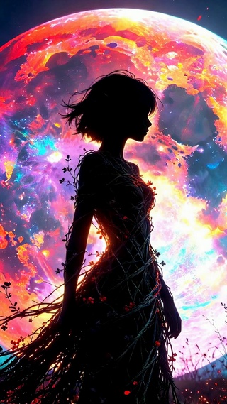 炫彩星球剪影少女