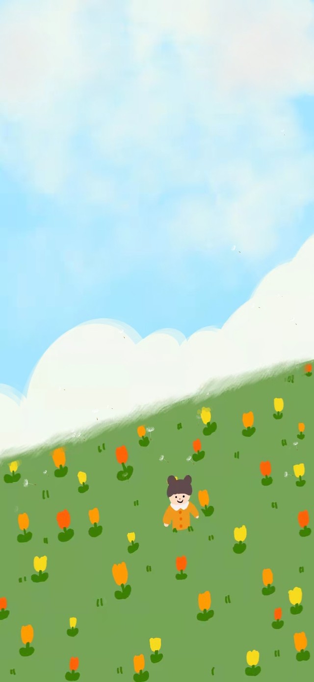 蓝天白云青草地绿叶红花小娃娃