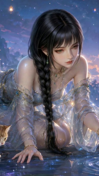 梦幻星空湖畔美少女与橘猫
