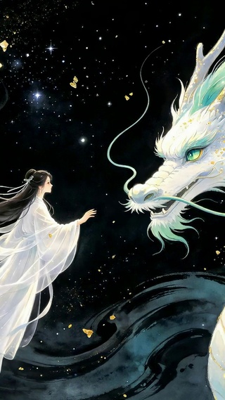 星空古风白龙与白衣美人