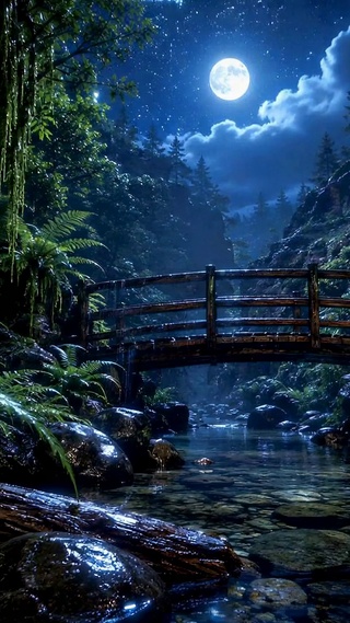 月夜山谷溪流治愈风景