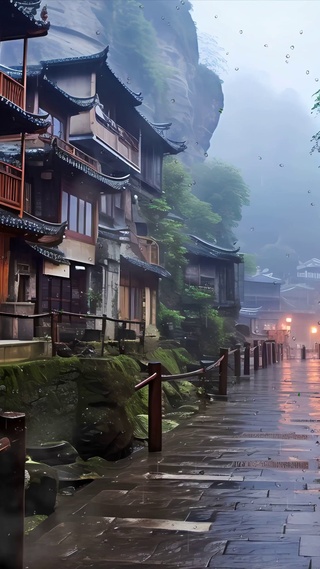 古风雨天树木房屋