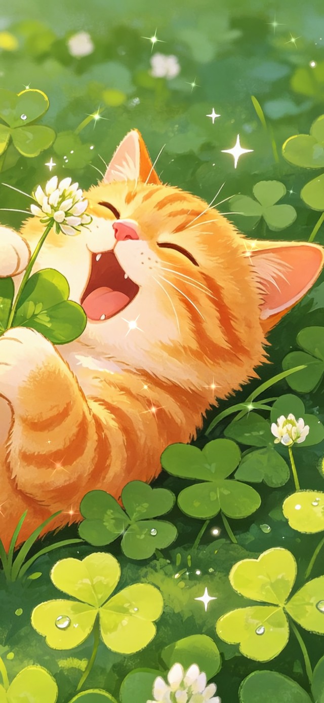 花漾壁纸|三叶草里打滚的橘猫
