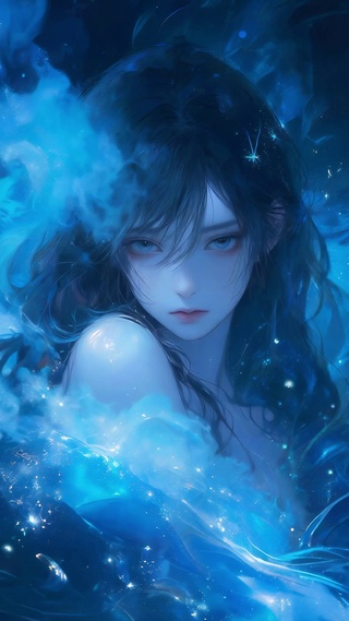 蓝色治愈朦胧感美女壁纸