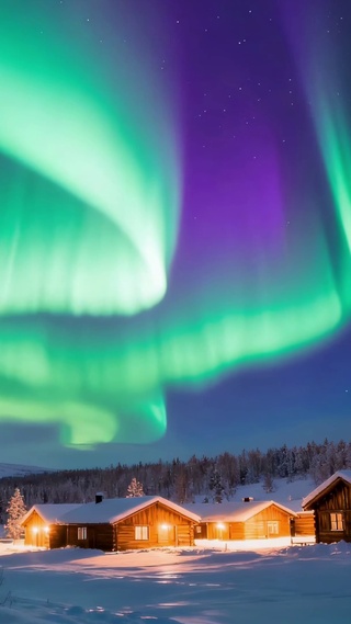 梦幻极光雪地森林夜景