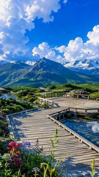 治愈蓝天下雪山湖畔风景