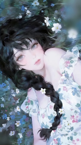 躺草坪的悠闲惬意少女