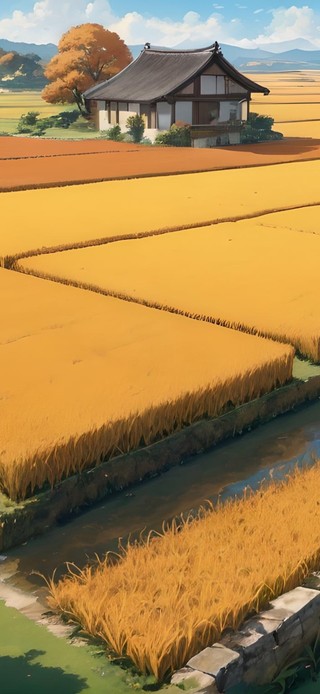 金色稻田中的小屋