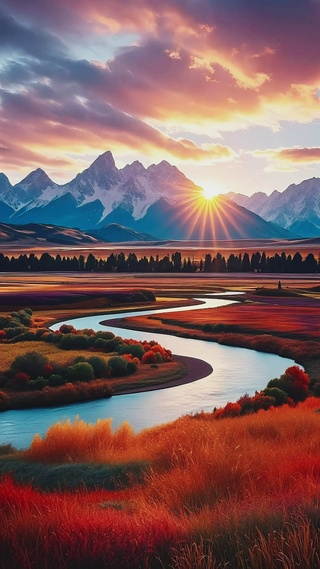 草原雪山夕阳河流