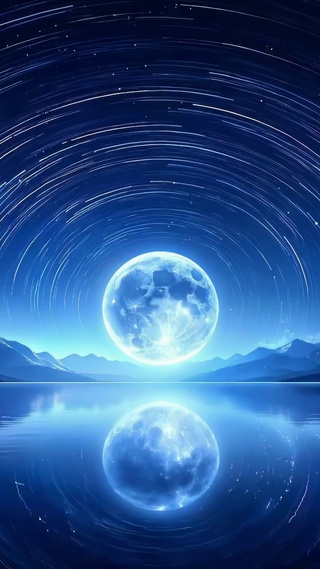 蓝调月夜星轨湖泊风景