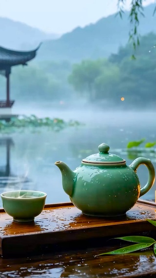 夏天园林湖畔雨景