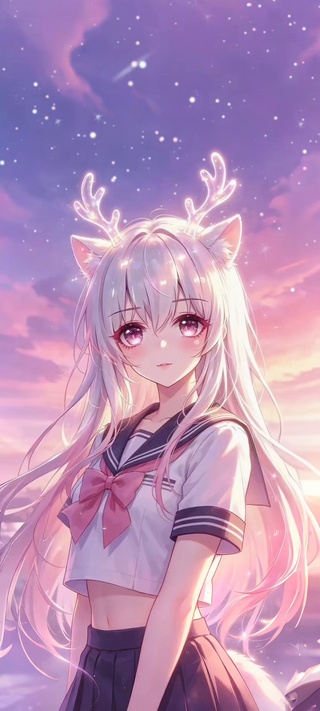 霞光漫染的鹿角少女