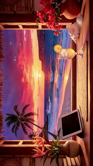 窗外夕阳海滩