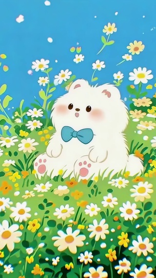 雏菊丛里的小白熊