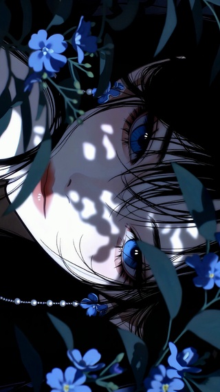 蓝花掩映美少女