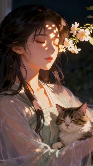 樱窗抱猫少女