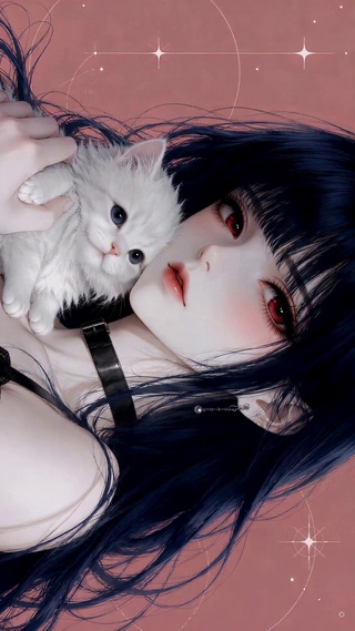 蓝发红瞳少女与可爱白猫