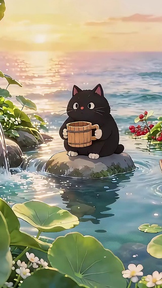 海边接水小猫