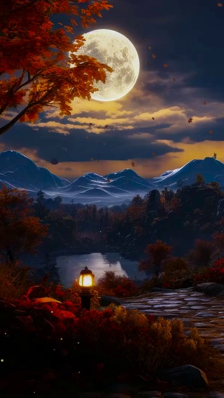 秋天月夜湖边