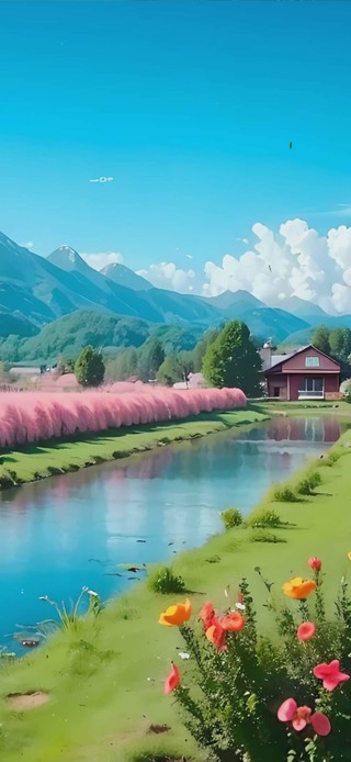 蓝天白云花草树木房屋