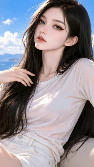 临海露台清纯长发美少女