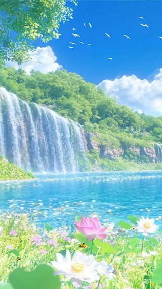 护眼白云树木河流