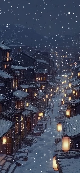 雪花纷飞古镇夜景