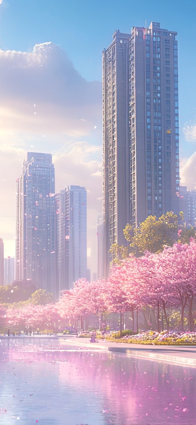 春日唯美粉樱城市倒影