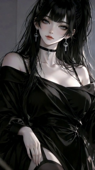 月夜窗边黑裙冷艳美女