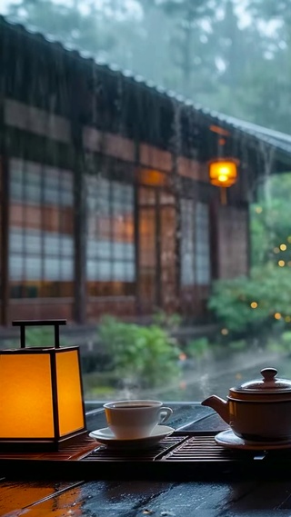 古屋雨天庭院品茶
