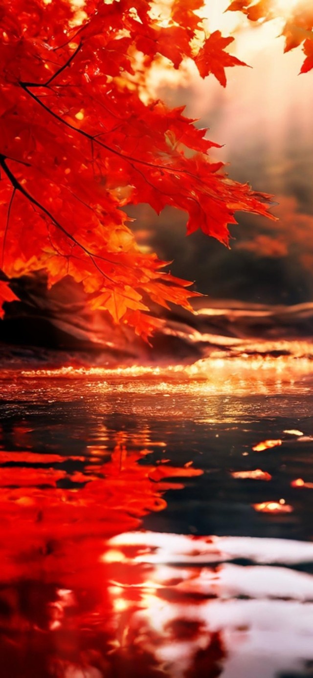 红枫染尽人间色，金辉洒落秋水间
