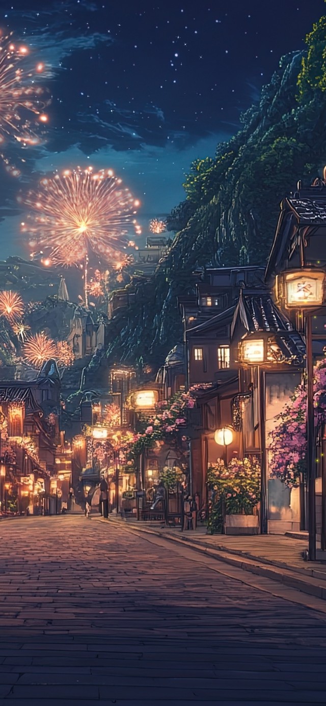 艳丽烟花绽放的古镇夜景