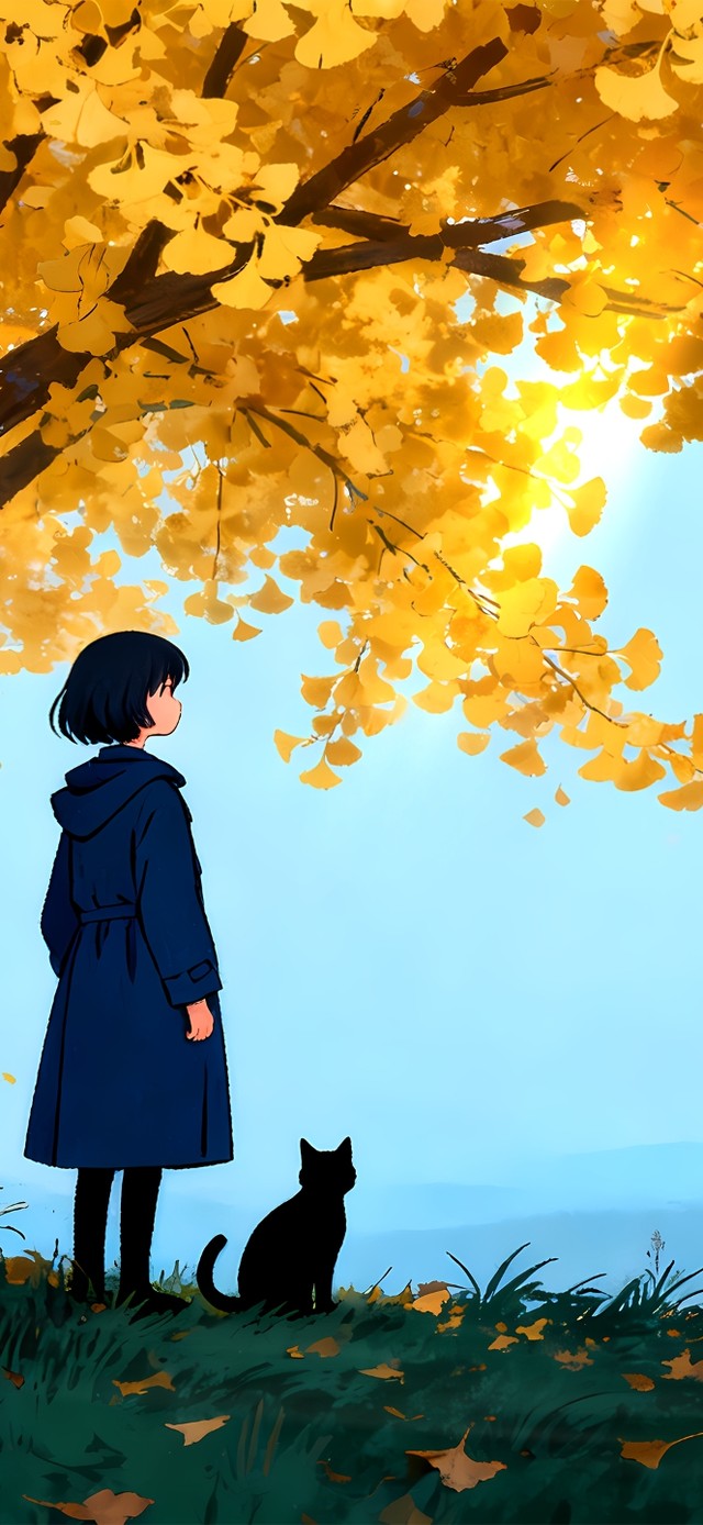 银杏树下女孩与猫	