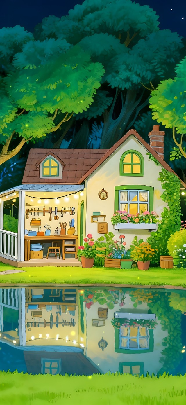 夜晚绿色湖边小屋