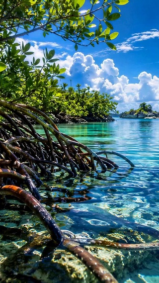 清澈蓝湾红树林治愈自然风景