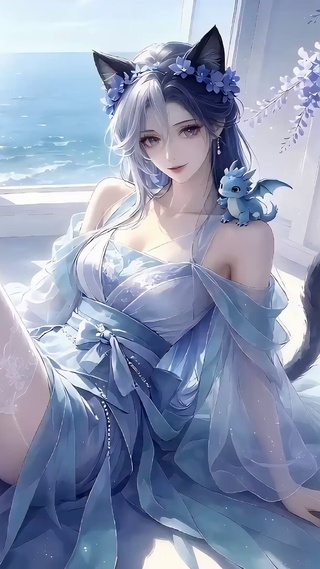 海窗黑猫少女