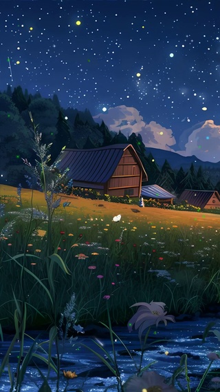 夜景树木房屋夜色