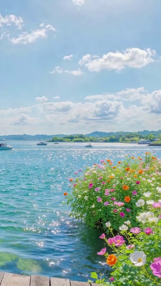 晴日湖畔花海唯美风景