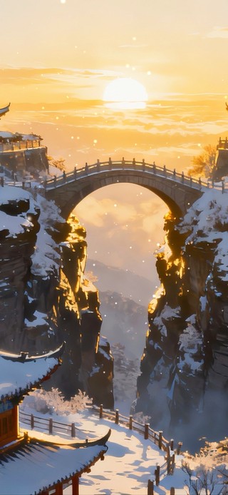 山顶日出雪景